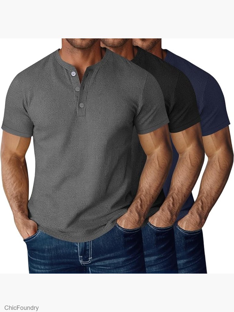 Men's Waffle Henley Shirts Short Sleeve Button Down Casual Tees 3 Pack Summer